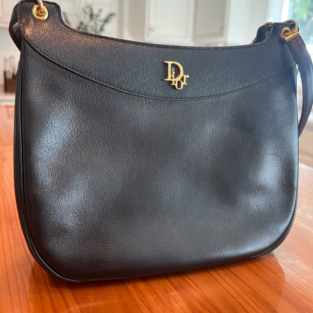 Dior Black Leather Shoulder Bag with Gold Accents Rare Gorgeous Vintage bag